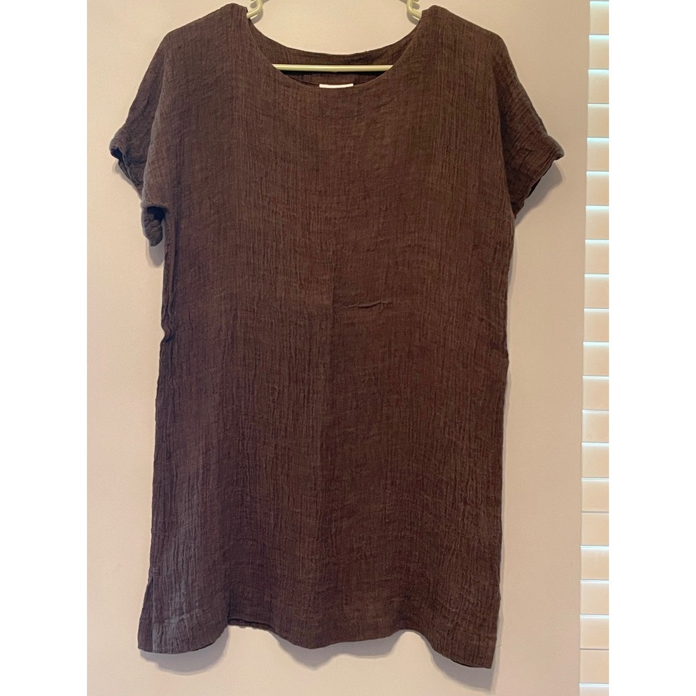 Pure Jill J. Jill 100% Linen Tunic Top Brown Crinkle Textured XS Short Sleeve